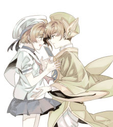 Rule 34 | 1990s (style), 1boy, 1girl, brown hair, card, cardcaptor sakura, child, chinese clothes, eye contact, face-to-face, forehead-to-forehead, green eyes, hat, heads together, kinomoto sakura, li xiaolang, long sleeves, looking at another, neckerchief, open mouth, profile, retro artstyle, sailor hat, school uniform, serafuku, short hair, short sleeves, simple background, skirt, standing, verin, white background