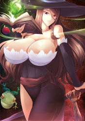 Rule 34 | 1girl, apple, areola slip, bare shoulders, book, breasts, brown eyes, brown hair, cleavage, detached sleeves, dragon&#039;s crown, food, frog, fruit, haganef, hat, huge breasts, long hair, parted lips, sash, solo, sorceress (dragon&#039;s crown), thighs, witch hat