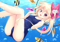 Rule 34 | 1girl, blonde hair, blush, bow, clownfish, fang, fish, flandre scarlet, hair bow, hakuto (28syuku), highres, one-piece swimsuit, red eyes, school swimsuit, solo, swimsuit, touhou, underwear, underwear only