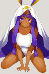 Rule 34 | 1girl, bad id, bad pixiv id, blush, breasts, closed mouth, collarbone, competition swimsuit, dark-skinned female, dark skin, earrings, fate/grand order, fate (series), highres, hoop earrings, jewelry, large breasts, long hair, looking at viewer, nitocris (fate), nitocris (swimsuit assassin) (second ascension) (fate), one-piece swimsuit, purple eyes, purple hair, seiza, sitting, smile, solo, swimsuit, tear tear0320