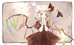 Rule 34 | 1girl, adapted costume, alternate costume, asymmetrical hair, bad id, bad twitter id, blonde hair, blush, bow, covering own mouth, crystal, dress, flandre scarlet, gin fragrans, gloves, hat, hat bow, laevatein, looking at viewer, mob cap, pointy ears, puffy sleeves, red dress, red eyes, short sleeves, side ponytail, solo, touhou, twitter username, white gloves, wings
