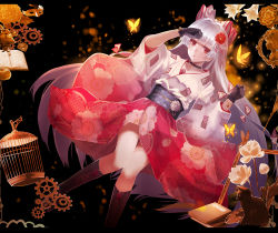 Rule 34 | 1girl, alternate costume, birdcage, black background, black gloves, book, boots, bug, butterfly, cage, cat, choker, cross-laced footwear, earrings, floral print, flower, fujiwara no mokou, gears, gloves, hair flower, hair ornament, hair ribbon, hime cut, insect, japanese clothes, jewelry, kimono, knees together feet apart, lace-up boots, long hair, obi, ofuda, ofuda on clothes, red eyes, ribbon, sash, silver hair, solo, sumisu (mondo), touhou, very long hair
