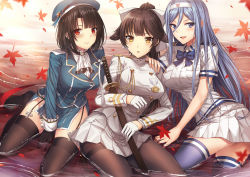 Rule 34 | 3girls, aiguillette, animal ears, aoki hagane no arpeggio, ascot, azur lane, beret, black gloves, black hair, black legwear, blue eyes, blue hair, blue legwear, blue ribbon, blue skirt, blush, bow, breast pocket, breasts, brown eyes, choker, collared shirt, crossover, dog ears, falling leaves, garter straps, girl sandwich, gloves, hair between eyes, hair bow, hair ears, hair flaps, hairband, half gloves, hat, highres, historical name connection, holding, holding sword, holding weapon, jacket, kantai collection, katana, large breasts, leaf, long hair, looking at viewer, luzi, medium breasts, military, military uniform, miniskirt, mole, mole under mouth, multiple girls, name connection, neck ribbon, open mouth, pantyhose, partially submerged, pelvic curtain, pleated skirt, pocket, ponytail, red eyes, ribbon, ripples, sandwiched, sheath, sheathed, shirt, short hair, short sleeves, side slit, sidelocks, sitting, skirt, smile, sword, takao (aoki hagane no arpeggio), takao (azur lane), takao (kancolle), thighband pantyhose, thighhighs, thighs, uniform, very long hair, weapon, white bow, white gloves, white neckwear, white skirt, yokozuwari