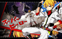 Rule 34 | 1boy, :d, alternate hairstyle, arms up, belt, black footwear, black gloves, blonde hair, boots, clenched hand, copyright name, eyebrows, fingerless gloves, gloves, hair between eyes, hair down, halftone, jacket, kagamine len, looking at viewer, male focus, multiple persona, open mouth, pants, parted lips, ponytail, prison clothes, shaded face, short ponytail, smile, smoke, solo, sparkle, standing, standing on one leg, star (symbol), super hero (vocaloid), tama (songe), teeth, thought bubble, vocaloid