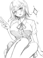 1girl :o breasts collared_shirt danganronpa_(series) danganronpa_2:_goodbye_despair dress_shirt greyscale hand_up highres large_breasts miniskirt monochrome naname_sirosiro nanami_chiaki neck_ribbon no_jacket pleated_skirt ribbon shirt short_sleeves skirt solo spaceship_hair_ornament sparkle two-tone_shirt v