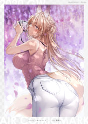 Rule 34 | 1girl, animal ears, artist name, ass, bare shoulders, blush, breasts, brown hair, camera, cowboy shot, day, fox ears, fox girl, fox tail, from behind, hair between eyes, hands up, highres, holding, holding camera, large breasts, long hair, looking at viewer, looking back, non-web source, original, outdoors, pants, pantylines, parted lips, petals, ribbed sweater, shizu-chan, sidelocks, sleeveless, sleeveless sweater, solo, standing, sweater, tail, thighs, very long hair, white pants, yellow eyes, yukibuster z