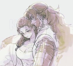 Rule 34 | 1boy, 1girl, arm around neck, beard, blush, braid, breasts, brown hair, cleavage, closed mouth, commentary request, facial hair, facial mark, forehead mark, french braid, grey background, hetero, kaalaa baunaa, large breasts, long hair, mechanical arms, merick, monochrome, reverse:1999, shamane, shirt, simple background, single mechanical arm, sweatdrop