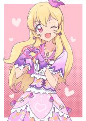 Rule 34 | 1girl, ;d, absurdres, aikatsu!, aikatsu! (series), blonde hair, cbgb, commentary request, dress, earrings, floral print, flower, flower earrings, frilled dress, frills, gloves, hair between eyes, hair flower, hair ornament, heart, heart hands, highres, hoshimiya ichigo, jewelry, long hair, looking at viewer, necklace, one eye closed, open mouth, pink background, pink eyes, purple dress, purple gloves, short sleeves, smile, solo