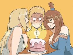 Rule 34 | 1boy, 2girls, age difference, bare shoulders, between breasts, blonde hair, blue eyes, breasts, brown hair, green eyes, indy rique, large breasts, multiple girls, naruto (series), naruto shippuuden, parted lips, smile, terumi mei, tsunade (naruto), upper body, uzumaki naruto