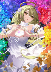 1girl armlet artist_name bare_shoulders blue_flower bracelet braid braided_ponytail breasts cleavage copyright_notice cowboy_shot dress earrings falling_petals flower green_flower green_hair hair_flower hair_ornament halo hands_up heart heart_earrings jewelry large_breasts light_blush long_hair looking_at_viewer open_mouth original own_hands_together petals red_flower second-party_source sleeveless sleeveless_dress solo steepled_fingers takehana_note white_dress yellow_eyes yellow_flower yellow_halo