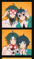 Rule 34 | 2boys, ahoge, alternate costume, antenna hair, arm up, black border, black necktie, black sweater, blue eyes, blue hair, border, braid, closed mouth, collared jacket, collared shirt, comic, commentary, genshin impact, glasses, gradient hair, green hair, green sweater, hair between eyes, hair ornament, hand on own face, hand up, hands up, highres, jacket, jewelry, long sleeves, looking at viewer, male focus, multicolored hair, multiple boys, necklace, necktie, orange background, parted bangs, puffy long sleeves, puffy sleeves, shadow, shirt, short hair, simple background, smile, standing, sunglasses, sweater, symbol-only commentary, turtleneck, turtleneck sweater, twin braids, two-tone hair, unik0503, v, v-shaped eyebrows, venti (genshin impact), white jacket, white shirt, xiao (genshin impact), yellow eyes