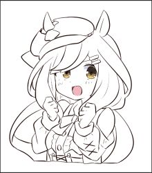 Rule 34 | 1girl, :d, animal ears, breasts, brown eyes, cabbie hat, clenched hands, clothing cutout, commentary request, cropped torso, ears through headwear, eyebrows hidden by hair, hair ornament, hairclip, hands up, hat, horse ears, kujou karasuma, long sleeves, looking at viewer, matikane tannhauser (umamusume), medium breasts, monochrome, open mouth, puffy long sleeves, puffy sleeves, shirt, shoulder cutout, simple background, smile, solo, spot color, tilted headwear, umamusume, upper body, white background