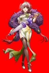 Rule 34 | 1girl, betty (langrisser), breasts, brown eyes, brown hair, brown thighhighs, cleavage, closed umbrella, dress, earrings, full body, high heels, highres, holding, holding umbrella, jewelry, langrisser, large breasts, looking at viewer, official art, pumps, short hair, side slit, sleeveless, sleeveless dress, smile, solo, standing, thighhighs, transparent background, umbrella, veil, white dress, white footwear