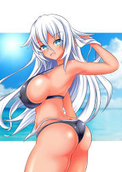 Rule 34 | 1girl, aqua eyes, ass, bare shoulders, bikini, black heart (neptunia), blush, breasts, butt crack, come hither, from behind, highres, kyou (hibikit), large breasts, long hair, looking at viewer, neptune (series), open mouth, shiny clothes, shiny skin, sideboob, smile, solo, sunburn, swimsuit, thick thighs, thighs, very long hair, white hair