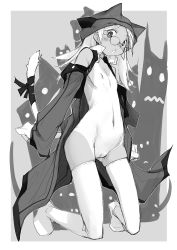 Rule 34 | 1girl, blush, breasts, e=mc2 (mosimosi), glasses, greyscale, monochrome, nipples, original, pussy, small breasts, solo, tail, tan, tanline, thighhighs, uncensored