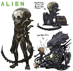 Rule 34 | 1970s (style), 1980s (style), alien, alien (1979), alien (series), alien queen, aliens (1986), animification, breastfeeding, breasts, carapace, chestburster, claws, extra arms, extra breasts, extra mouth, facehugger, fangs, matsuda yuusuke, monster, no humans, oldschool, partially translated, queen, retro artstyle, simple background, skull, tail, translation request, xenomorph
