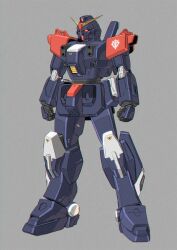 Rule 34 | blue destiny 02, clenched hands, commentary request, full body, glowing, glowing eyes, grey background, gundam, gundam side story: the blue destiny, kuramochi kyouryuu, mecha, mobile suit, no humans, red eyes, robot, science fiction, simple background, solo, standing, v-fin, zeon