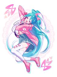 Rule 34 | 1girl, absurdres, blue hair, blush, bow, bow legwear, cardigan, closed eyes, collared shirt, hair bow, hands on headphones, hands up, hatsune miku, headphones, highres, long hair, long sleeves, necktie, nyancul, open mouth, pleated skirt, ponytail, project diva (series), ribbon girl (module), shirt, shirt tucked in, shoes, skirt, sleeve bow, smile, sneakers, striped necktie, thighhighs, very long hair, vocaloid