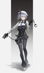 Rule 34 | 1girl, absurdres, belt, beret, black bodysuit, blue necktie, bodysuit, bodysuit under clothes, covered navel, crop top, crotch zipper, cuffs, earrings, full body, gloves, grey hair, grey pants, grin, handcuffs, harness, hat, highres, holding, holding handcuffs, holster, jewelry, keyring, latex, latex bodysuit, latex gloves, looking at viewer, necktie, one eye closed, open fly, open pants, original, pants, purple eyes, roundschen, shiny clothes, shirt, shoes, side ponytail, skin tight, smile, sneakers, solo, standing, stun gun, thigh holster, white shirt, zipper