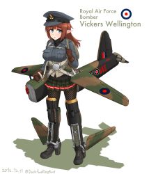 Rule 34 | 1girl, airplane wing, backpack, bad id, bad pixiv id, bag, blue eyes, bomb, breast pocket, brown gloves, brown hair, dakku (ogitsune), dated, explosive, full body, gloves, green skirt, hat, high heels, jacket, long hair, machinery, mecha musume, military jacket, miniskirt, open mouth, original, pantyhose, peaked cap, personification, pleated skirt, pocket, pointy ears, royal air force, skirt, solo, strap, sweater, vickers wellington
