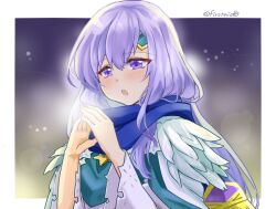 Rule 34 | 1girl, alternate costume, blue scarf, blush, breath, cold, dress, fire emblem, fire emblem: genealogy of the holy war, fire emblem heroes, julia (fire emblem), julia (resplendent) (fire emblem), long hair, nintendo, official alternate costume, open mouth, purple eyes, purple hair, scarf, solo, yukia (firstaid0)