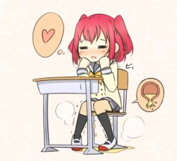 Rule 34 | 1girl, azukilib, black socks, bladder, blush, bow, bowtie, chair, chibi, desk, female focus, full body, grey sailor collar, grey skirt, hands up, head rest, heart, kneehighs, knees together feet apart, kurosawa ruby, long sleeves, love live!, love live! sunshine!!, lowres, open mouth, pee, peeing, peeing self, pigeon-toed, pleated skirt, puddle, relief, sailor collar, school desk, school uniform, shirt, shoes, short hair, simple background, sitting, skirt, socks, solo, steam, thought bubble, translation request, trembling, two side up, urine meter, wet, wet clothes, white footwear, yellow bow, yellow bowtie