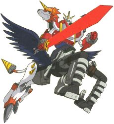 Rule 34 | 1boy, centaur, clenched hands, digimon, digimon (creature), digimon xros wars, fighting stance, full body, glowing, glowing sword, glowing weapon, helmet, highres, holding, holding sword, holding weapon, horns, jumping, looking at viewer, mecha, no humans, official art, red eyes, robot, scan, shoutmon x4b, simple background, solo, sword, tail, taur, toei animation, weapon