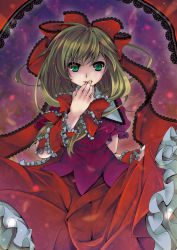 Rule 34 | 1girl, aqua eyes, arm ribbon, bow, dress, embellished costume, female focus, frilled dress, frills, front ponytail, green hair, hair bow, hair ornament, hair ribbon, hand to own mouth, kagiyama hina, looking at viewer, red dress, ribbon, skirt hold, solo, touhou, yanagise