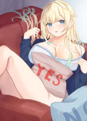 Rule 34 | 1girl, :p, aizawa ema, aoibajiru, armchair, babydoll, blonde hair, blue babydoll, blue eyes, blue hair, blue shirt, blunt bangs, bottomless, breasts, chair, gradient hair, hair flaps, highres, large breasts, long hair, looking at viewer, lying, multicolored hair, no, on back, open clothes, open shirt, pillow, shirt, single bare shoulder, solo, thighs, tongue, tongue out, virtual youtuber, vspo!, yes, yes-no pillow