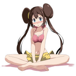 Rule 34 | 1girl, :o, arms between legs, bare arms, bare legs, bare shoulders, barefoot, between legs, blue eyes, blush, bra, breasts, breasts squeezed together, brown hair, cleavage, collarbone, creatures (company), crossed legs, double bun, game freak, hair bun, halterneck, hand between legs, highres, indian style, long hair, looking at viewer, medium breasts, navel, nintendo, open mouth, pink bra, pokemon, pokemon bw2, rosa (pokemon), shadow, shorts, sidelocks, simple background, sitting, sleeveless, solo, sweat, tsukishiro saika, twintails, underwear, white background, yellow shorts