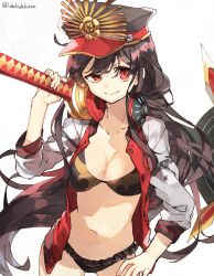 Rule 34 | 1girl, bikini, black bikini, black hair, breasts, chibirisu, cleavage, collarbone, commentary request, contrapposto, cowboy shot, fate/grand order, fate (series), hand on own hip, hat, headphones, headphones around neck, highres, jacket, jacket over swimsuit, katana, long hair, looking at viewer, medium breasts, oda nobunaga (fate), oda nobunaga (swimsuit berserker) (fate), oda uri, over shoulder, red eyes, smile, solo, swimsuit, sword, sword over shoulder, thighs, twitter username, very long hair, weapon, weapon over shoulder, white jacket
