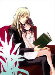 Rule 34 | 00s, 1boy, 1girl, anise tatlin, blonde hair, blush, brown hair, flat chest, jade curtiss, long hair, lowres, simple background, sitting, sitting on lap, sitting on person, tales of (series), tales of the abyss, white background