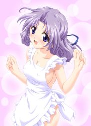 Rule 34 | 1girl, :d, apron, blue eyes, blush, bow, breasts, cleavage, clenched hands, cowboy shot, covered erect nipples, fingernails, frilled apron, frills, from side, hair ribbon, kamimae yuuki, large breasts, light particles, long fingernails, long hair, love multiple!, naked apron, no bra, open mouth, purple background, purple hair, ribbon, sideboob, smile, solo, standing