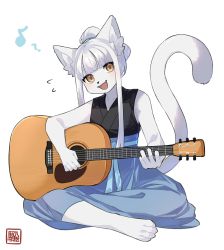 Rule 34 | 1girl, :d, acoustic guitar, animal ears, blue skirt, brown eyes, cat ears, cat girl, cat tail, female focus, flying sweatdrops, folded ponytail, furry, furry female, guitar, high-waist skirt, highres, instrument, kawarage yatano, looking at viewer, music, musical note, open mouth, original, playing instrument, simple background, sitting, skirt, sleeveless, smile, solo, tail, white background, white hair