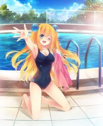 Rule 34 | 1girl, ;d, aizawa hikaru, armpits, blonde hair, blue eyes, breasts, chain-link fence, cleavage, cloud, covered navel, day, fence, fisheye, kneeling, medium breasts, one-piece swimsuit, one eye closed, open mouth, outdoors, outstretched hand, pool, pool ladder, poolside, reaching, silverlight, sky, smile, swimsuit, tiles, towel, tree, two side up, wink