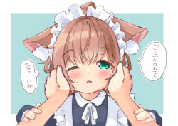 Rule 34 | 1girl, 1other, animal ear fluff, animal ears, apron, black dress, blue background, blush, brown hair, cat ears, collared dress, commentary request, dress, fang, frilled apron, frills, green eyes, hair between eyes, hands on another&#039;s cheeks, hands on another&#039;s face, highres, long sleeves, looking at viewer, maid, maid headdress, manabe mana, neck ribbon, one eye closed, original, out of frame, parted lips, ribbon, solo focus, translation request, two-tone background, white apron, white background, white ribbon