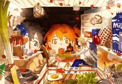 Rule 34 | + +, 1girl, 6+boys, black eyes, black hair, blue pants, butterfly wings, cantaloupe slice, cape, chinese commentary, clone, colored tips, commentary request, creature, crown, cup, dual persona, falling leaves, fate/grand order, fate (series), floating, fondue, food, fork, fried egg, fruit, fujimaru ritsuka (female), fujimaru ritsuka (male), fur-trimmed collar, fur trim, green bean, grey hair, highres, holding, holding cup, holding fork, insect wings, leaf, leaf on head, looking at another, low ponytail, ma fu, maple leaf, mason jar, milk carton, mini person, miniboy, multicolored hair, multiple boys, oberon (fate), on chair, one side up, onion, open mouth, opening door, orange hair, pants, peas, pink hair, rapier, refrigerator interior, sheath, sheathed, shirt, short ponytail, sitting, size difference, smile, snack, spring onion, star-shaped pupils, star (symbol), sword, symbol-shaped pupils, table, teacup, weapon, white shirt, wings, yellow eyes