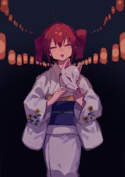 1girl absurdres closed_eyes commentary_request drill_hair fox_mask highres holding holding_mask japanese_clothes kasane_teto kimono lantern long_sleeves mask nail_polish obi open_mouth red_hair sash smile solo twin_drills unworn_mask utau wide_sleeves yomiya_setsu