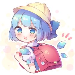 Rule 34 | 1girl, backpack, bag, blue dress, blue eyes, blue hair, blush, cirno, coa (chroo x), detached wings, dress, fairy, hat, ice, ice wings, open mouth, puffy short sleeves, puffy sleeves, randoseru, school hat, shirt, short hair, short sleeves, smile, solo, touhou, white shirt, wings, yellow hat
