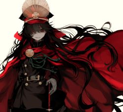 Rule 34 | belt, belt buckle, black belt, black hair, black hat, black jacket, black pants, brooch, buckle, buttons, cape, commentary request, cowboy shot, crest, double-breasted, evil grin, evil smile, family crest, fate/grand order, fate (series), gloves, gold trim, grin, hat, jacket, jewelry, long hair, looking at viewer, military, military hat, military jacket, military uniform, narue, oda nobunaga (fate), oda nobunaga (koha-ace), oda uri, pants, partial commentary, peaked cap, red cape, shaded face, sheath, sheathed, smile, solo, sword, uniform, very long hair, weapon, white gloves