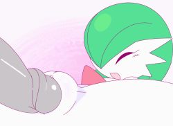 Rule 34 | 1boy, 1girl, animated, animated gif, blush, cleft of venus, closed eyes, creatures (company), erection, exed eyes, fat mons, game freak, gardevoir, gen 3 pokemon, gradient background, green hair, hair over one eye, hetero, lying, monster, monster girl, nintendo, nude, on back, open mouth, partial penetration, penis, pink background, pokemon, pokemon (creature), pokemon rse, sex, shiny skin, short hair, simple background, spread legs, vaginal