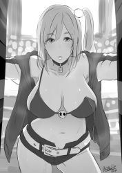 Rule 34 | 1girl, belt, bikini, bikini top only, breasts, butcha-u, choker, cleavage, collarbone, contrapposto, curvy, dead or alive, dead or alive 5, greyscale, highres, honoka (doa), jacket, large breasts, long hair, looking at viewer, monochrome, one eye closed, open clothes, open jacket, short shorts, shorts, skull, solo, sweat, swimsuit, track jacket, unfinished, wardrobe malfunction