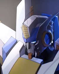 Rule 34 | 1boy, alt text, alternate form, artist name, blue eyes, glowing, glowing eyes, grey background, highres, looking down, mecha, no humans, robot, shockwave (transformers), solo, the transformers (idw), theo aud, transformers, watermark