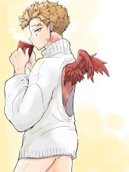 Rule 34 | 1boy, ass, backless outfit, bare back, blonde hair, boku no hero academia, cup, earrings, facial hair, feathered wings, feathers, from behind, hawks (boku no hero academia), highres, jewelry, kana0wa, looking to the side, male focus, mug, no pants, oversized clothes, red feathers, scar, scar on neck, simple background, solo, steam, stud earrings, toned, toned male, wings
