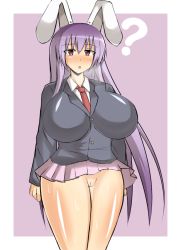 Rule 34 | 1girl, :o, ?, animal ears, breasts, breath, female focus, huge breasts, long hair, miniskirt, musuka (muska), necktie, no panties, open mouth, purple hair, pussy, rabbit ears, red eyes, reisen udongein inaba, shirt, simple background, skirt, skirt flip, solo, standing, sweat, thighs, touhou, uncensored, very long hair