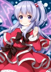 Rule 34 | 1girl, belt, black belt, black bow, black bowtie, blue background, bow, bowtie, capelet, closed mouth, dotted background, grey eyes, grey hair, hair bobbles, hair ornament, highres, long hair, looking at viewer, one side up, red capelet, red shirt, red skirt, ruu (tksymkw), shinki (touhou), shirt, skirt, smile, solo, touhou, touhou (pc-98), wings