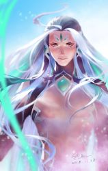Rule 34 | 1boy, bare pectorals, eyeshadow, fate/grand order, fate (series), gradient background, highres, long hair, looking at viewer, makeup, male focus, multicolored hair, pectorals, shi huang di (fate), sign, simple background, smile, solo, two-tone hair, upper body, very long hair