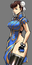 Rule 34 | 1girl, black gloves, black thighhighs, blue dress, bracelet, brown eyes, brown hair, bun cover, capcom, china dress, chinese clothes, chun-li, clenched hand, double bun, dress, earrings, fingerless gloves, gloves, grey background, hair bun, highres, jewelry, kamisimo 90, looking to the side, no panties, side slit, simple background, solo, spiked bracelet, spikes, standing, street fighter, street fighter v, thighhighs, thighs