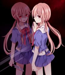 Rule 34 | 1girl, blood, blood on face, bow, dark background, dark persona, different reflection, dual persona, gasai yuno, hair bow, knife, kouko, looking at viewer, looking back, low twintails, mirai nikki, mirror, mirror opposites, pink hair, red eyes, reflection, sidelocks, skirt, standing, twintails