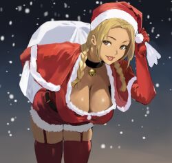 Rule 34 | 1girl, bag, bell, belt, bent over, black belt, black choker, blonde hair, braid, breasts, capelet, choker, christmas, cleavage, commentary, dress, english commentary, fur-trimmed dress, fur-trimmed headwear, fur trim, garter straps, gloves, hat, highres, hintobento, holding, holding bag, large breasts, lipstick, long hair, looking at viewer, makeup, neck bell, original, red capelet, red dress, red gloves, red hat, red lips, red thighhighs, santa costume, santa hat, solo, standing, thighhighs, twin braids, yellow eyes